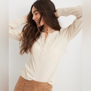 Aerie Road Trip Long Sleeve Henley Soft Muslin White - Large